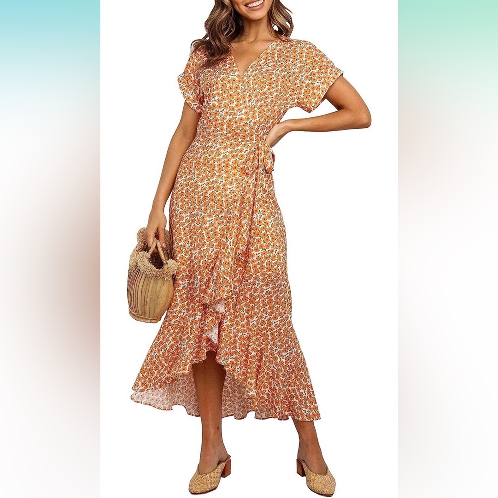 ZESICA Floral Printed Wrap V Neck Flowy Ruffle Midi Dress Orange- size XL
